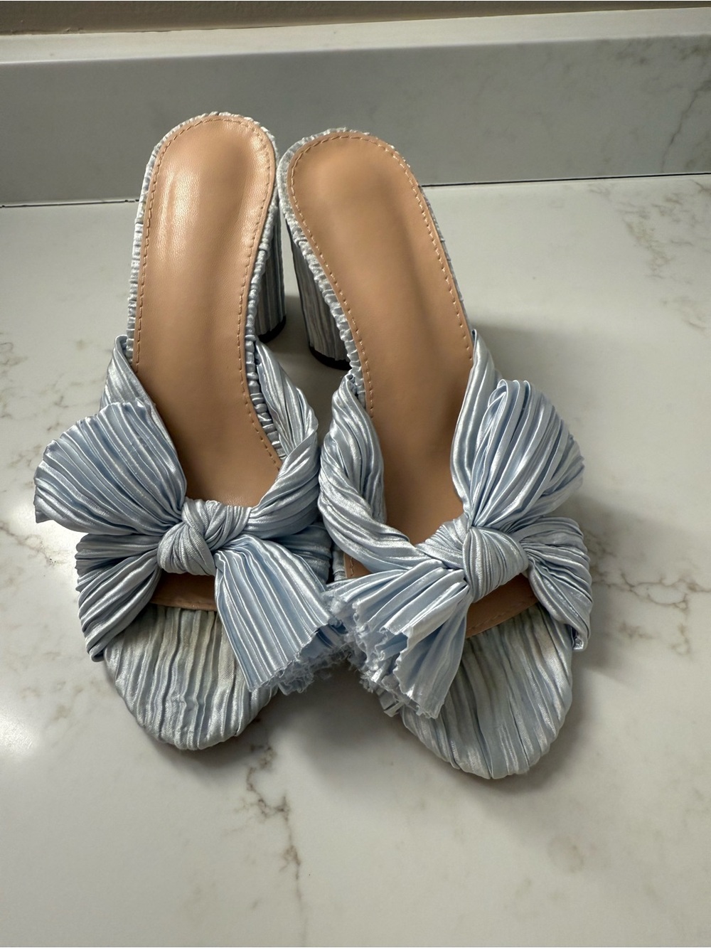 Pleated Bow Mule Heels in Light Blue - Women